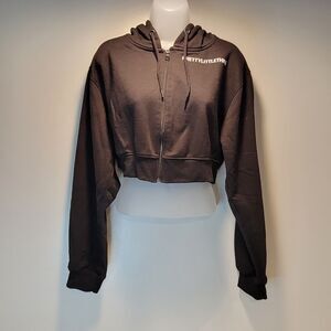 Pretty Little Thing Crop Zip Up Hoodie Black w/ White Logo - Size : Girls 14